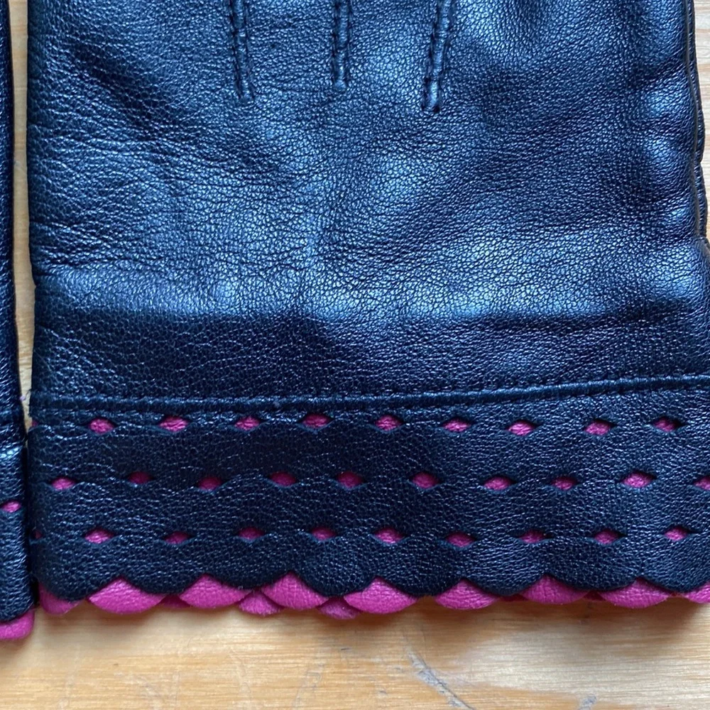 Genuine Leather Notched Black and Fuchsia Hot Pink Ladies Gloves